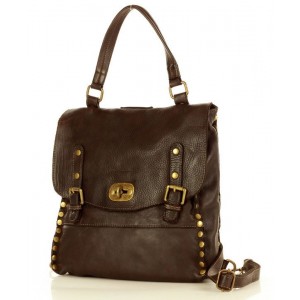 K41 Sac à dos  2 en 1 noir brun cuir vintage pour femme. Sac à dos urbain avec rivets